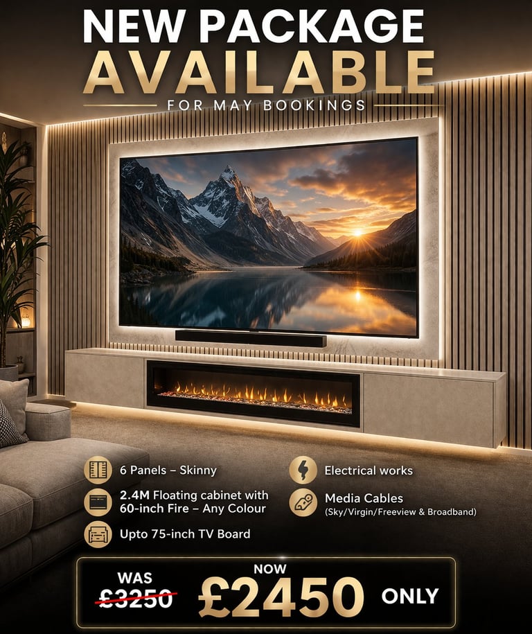 Modern living room with wall-mounted TV and fireplace, was £3,250 now £2,450 for May