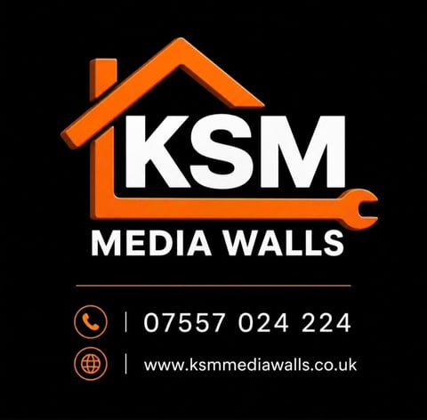 KSM Media Walls logo with orange house and wrench icon, phone number 07557 024 224, and website www.ksmmediawalls.co.uk