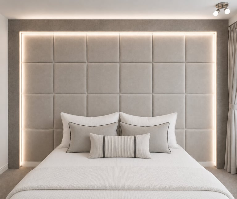 Modern bedroom with a gray upholstered bed featuring an illuminated grid headboard and decorative pillows