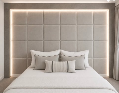 Modern bedroom with upholstered headboard featuring illuminated grid pattern, white bedding, and decorative pillows