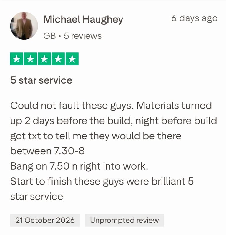 Five-star service review by Michael Haughey from 6 days ago praising a contractors professionalism and punctuality