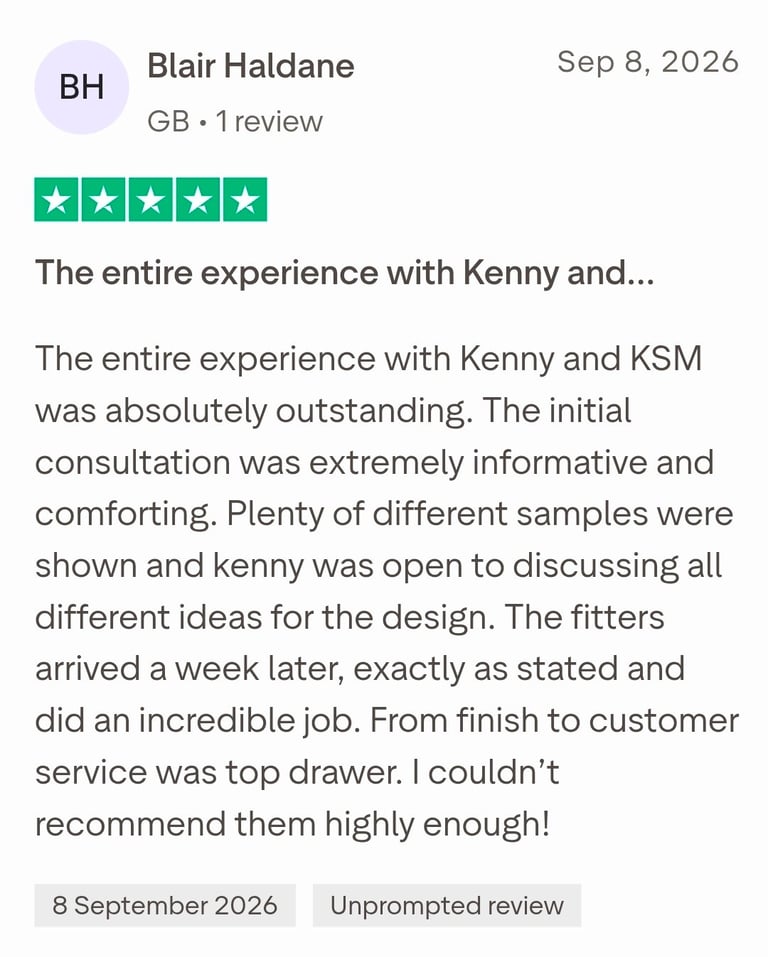 Five-star review from Blair Haldane praising Kenny and KSMs design consultation, samples, and fitting services