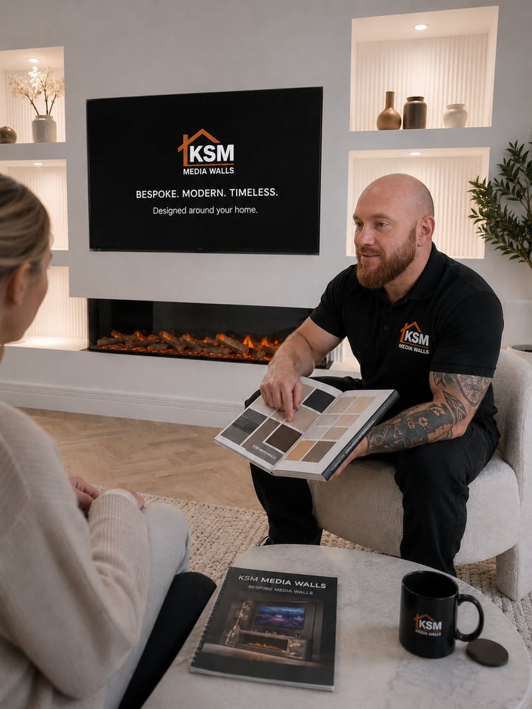 KSM media walls salesman showing design samples to customer near display fireplace with KSM branding on screen