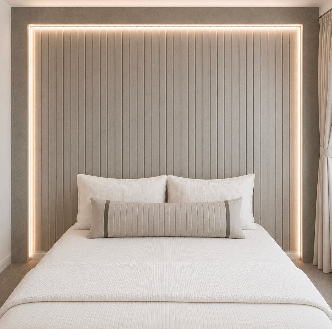 Modern bedroom with white bed and vertical ribbed headboard featuring neon orange accent lighting