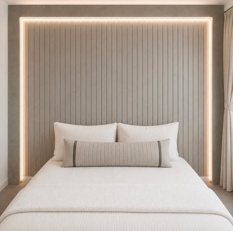 Modern bedroom with white bed and vertical ribbed headboard featuring neon orange accent lighting