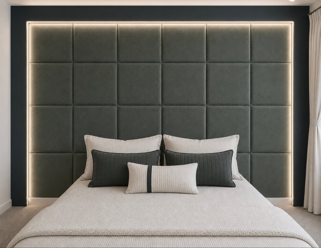 Modern bedroom with king-size bed featuring gray upholstered headboard with LED backlighting and coordinating pillows