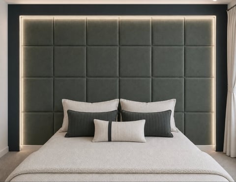 Modern bedroom with king-size bed featuring gray upholstered headboard with LED backlighting and coordinating pillows