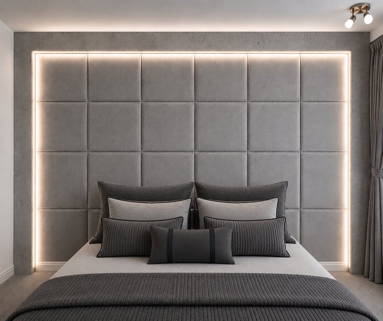 Modern bedroom with a gray upholstered bed featuring a large padded headboard with LED accent lighting and multiple decorative pillows