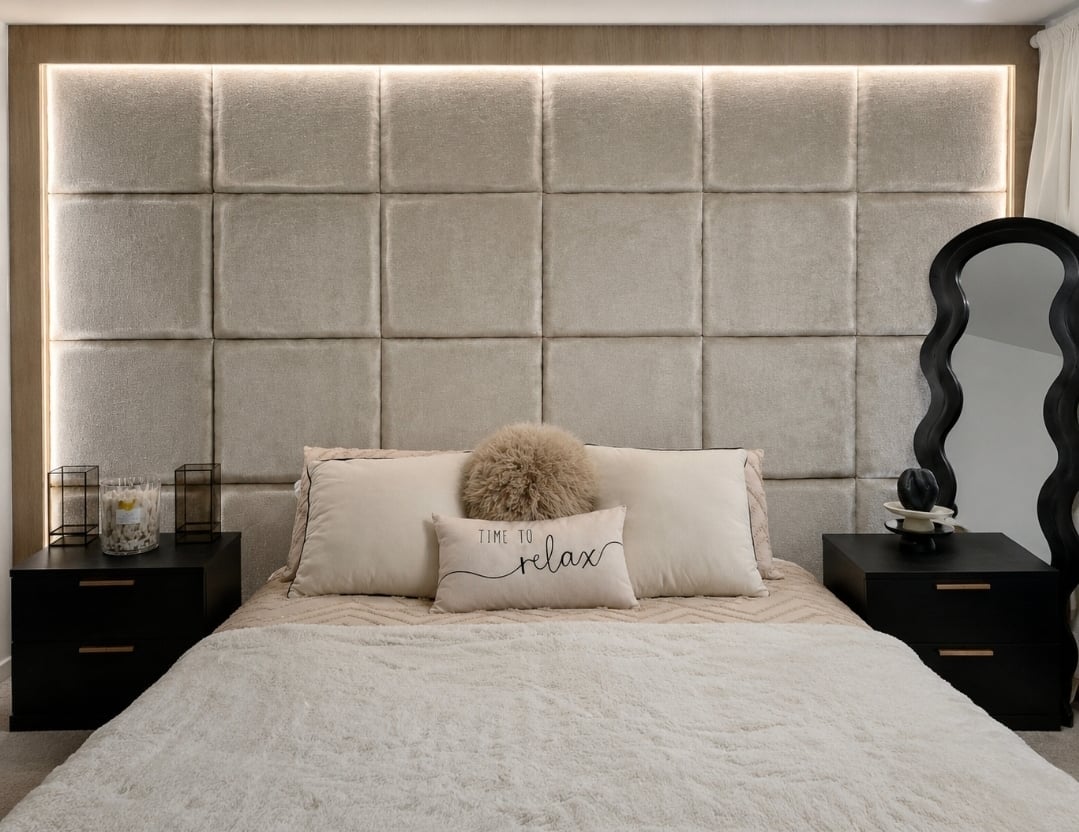 Modern bedroom with upholstered headboard, bed with decorative pillows and throw, black nightstands, and wavy wall mirror
