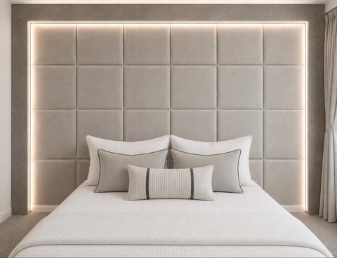 Modern bedroom with a bed featuring a large cushioned headboard with LED lighting and decorative pillows in neutral tones