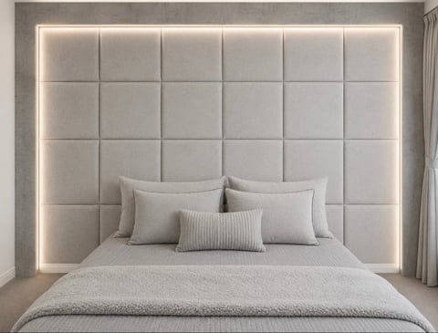 Modern bedroom with a bed featuring gray upholstered headboard with LED backlighting and multiple decorative pillows