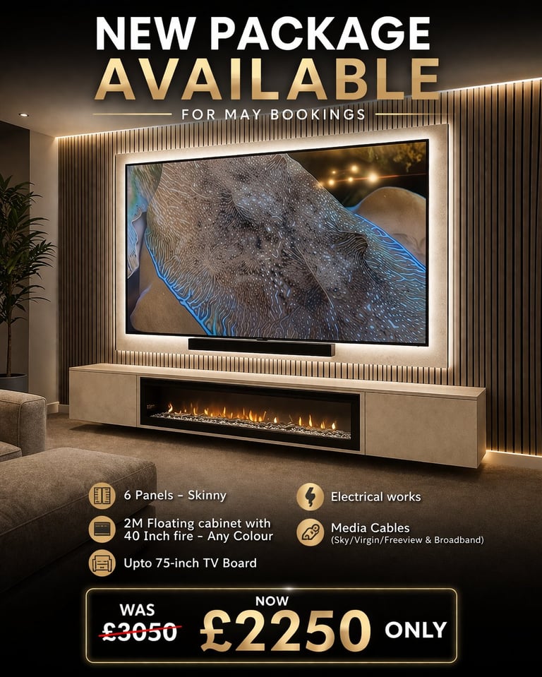 Modern TV wall unit with fireplace installation priced at £2,250 for May bookings