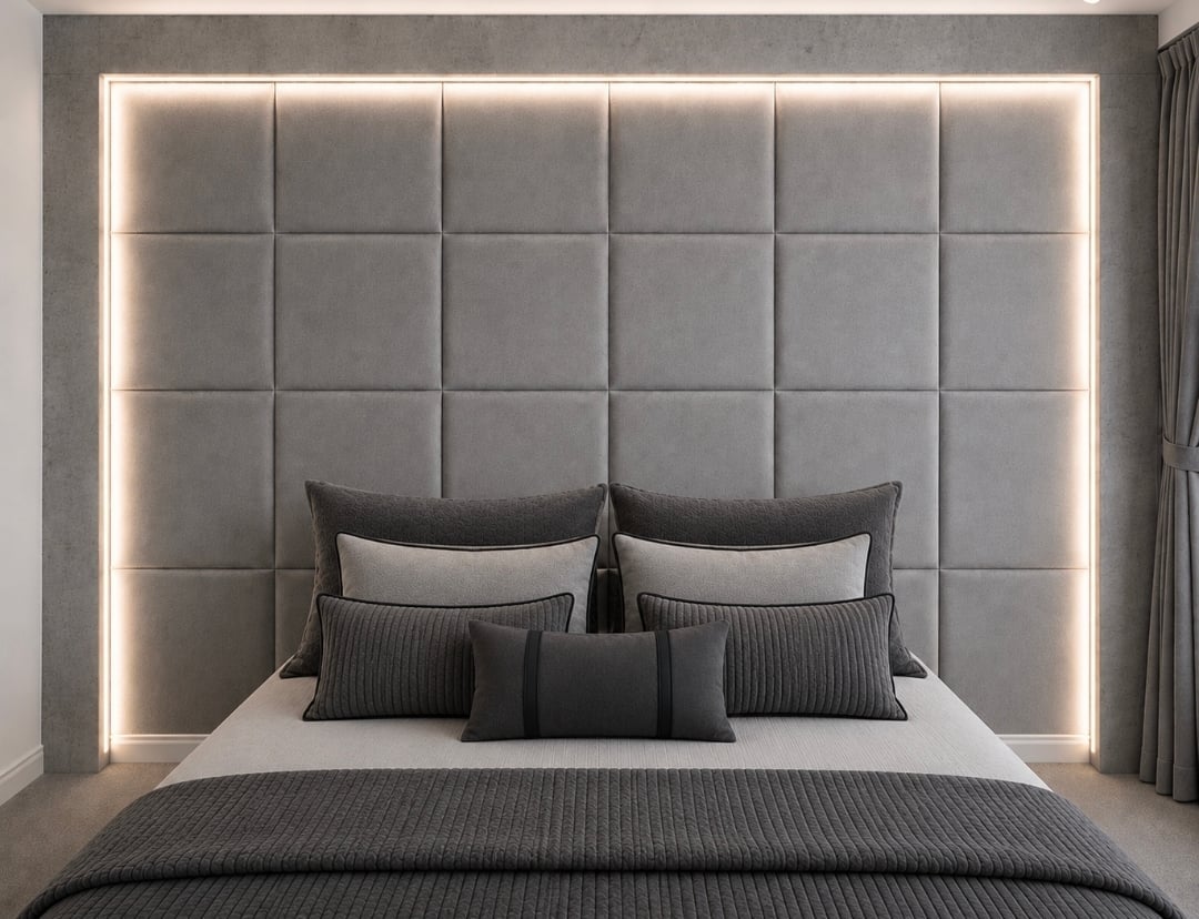 Modern bedroom with upholstered headboard featuring illuminated grid pattern and decorative pillows on bed
