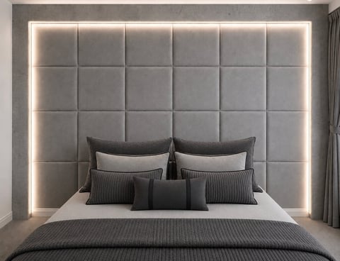 Modern bedroom with upholstered headboard featuring illuminated grid pattern and decorative pillows on bed