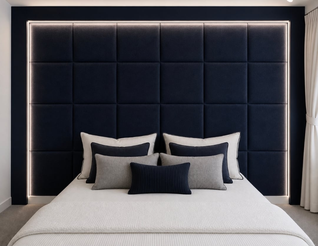 Modern bedroom with a bed featuring a dark padded headboard with LED lighting, white bedding, and decorative pillows