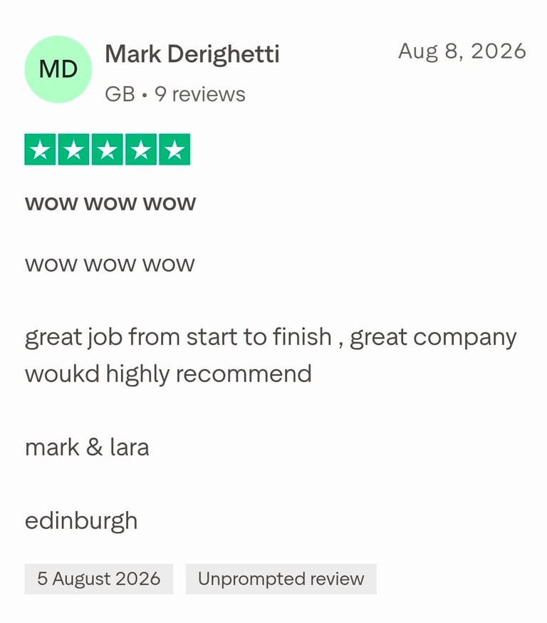 Five-star review by Mark Derighetti from GB with 9 reviews, dated Aug 8 2026, praising service and company, posted as unprompted review