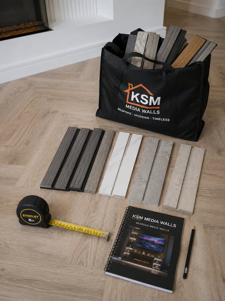 KSM Media Walls product display kit showing samples of wood and stone finishes, catalog, measuring tape, and black branded tote bag on wood flooring