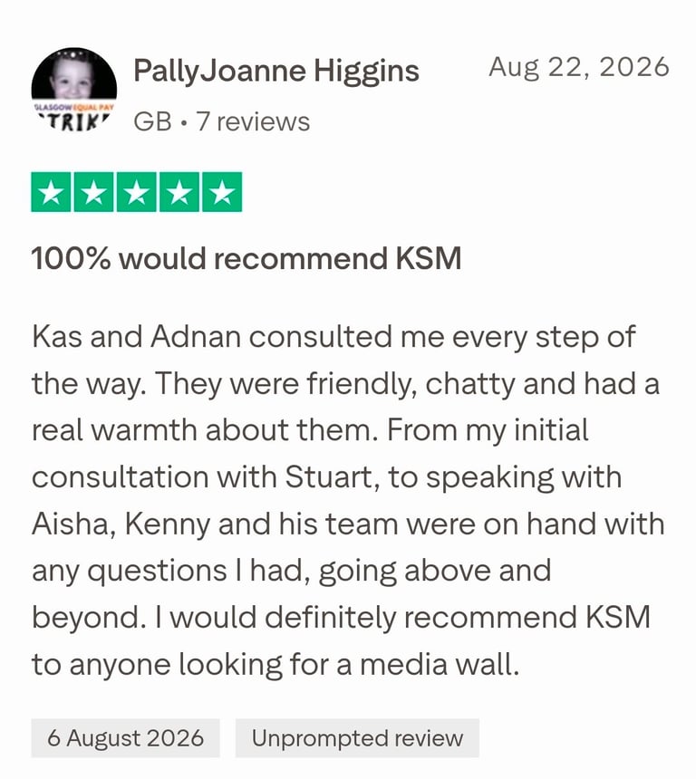 Five-star review from PallyJoanne Higgins dated August 22, 2026, recommending KSM for their excellent customer service and media wall installation