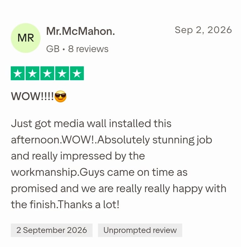 Five-star review from Mr.McMahon dated Sep 2, 2026, praising media wall installation for stunning appearance and excellent workmanship